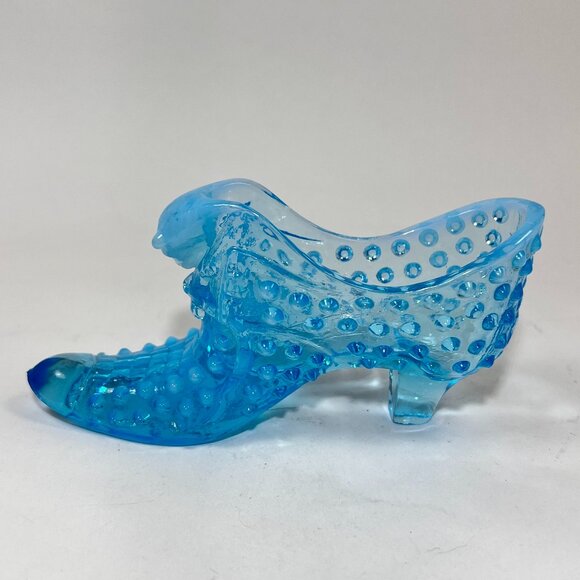Vtg Fenton Cat Head Blue Opalescent Hobnail Glass 3995 Slipper Shoe 60s Glows - Picture 3 of 16